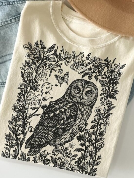 Tops - Cottagecore Floral T-shirt, Folk Art Forest Animal TShirt